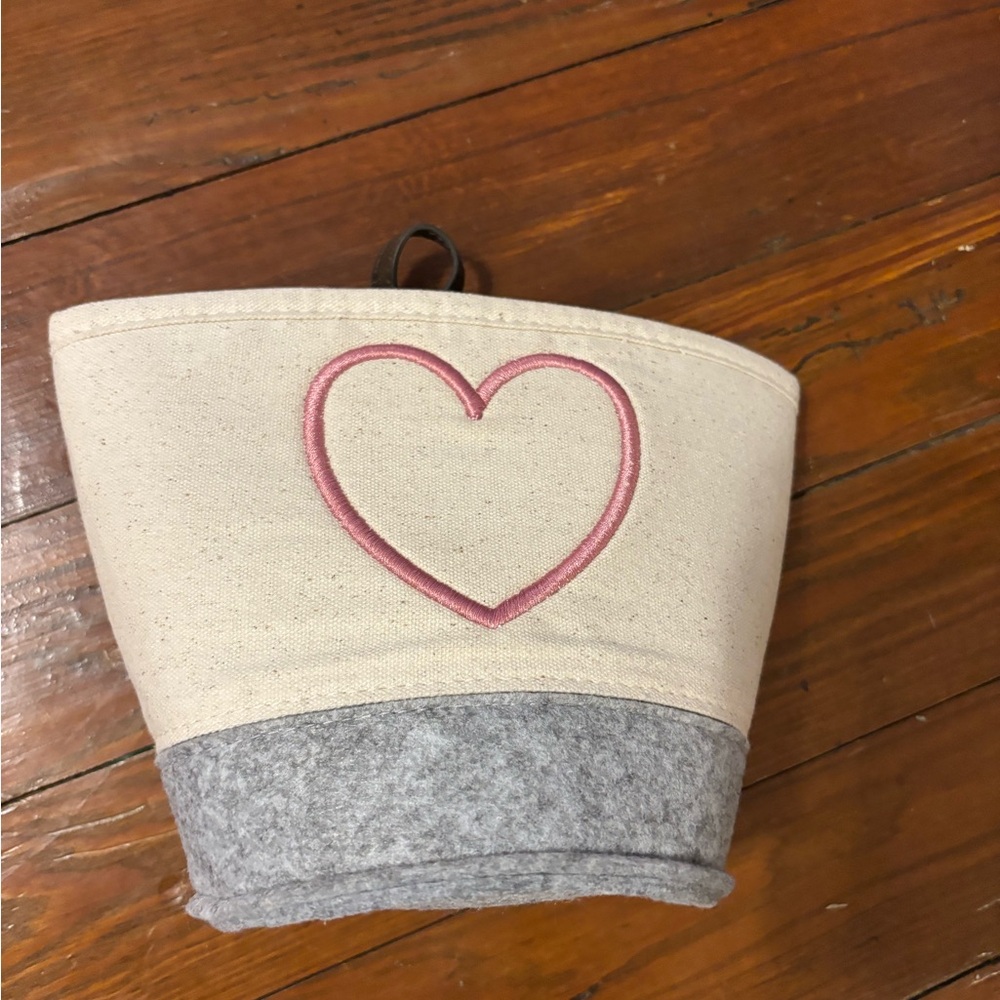 Thirty-one Heart Embroidered Cream and Gray Basket